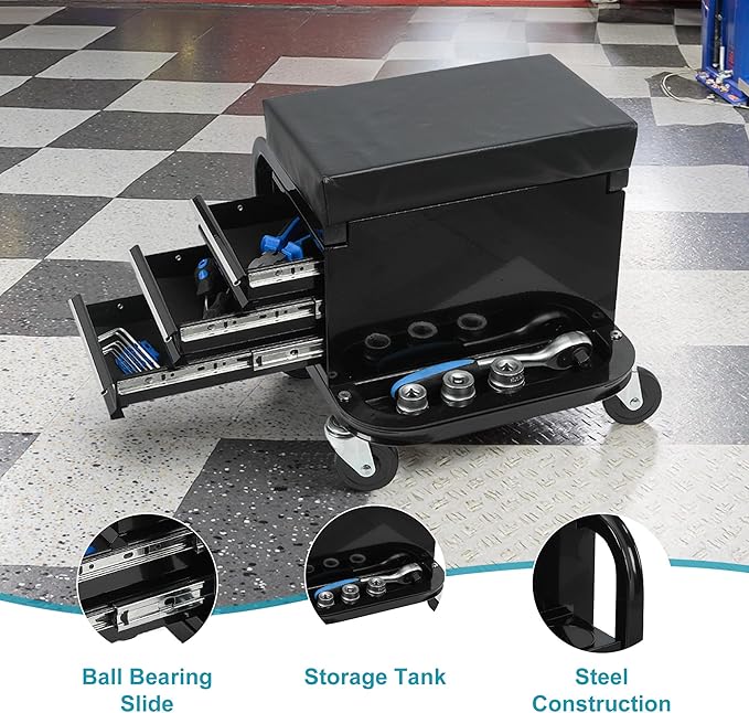 Rolling Stool 3 Drawers Mechanic Creeper Steel Frame Shop Stools with Wheels, Ball-Bearing Slides, Back Storage Tank, Tool Box for Garage Workshop, Black