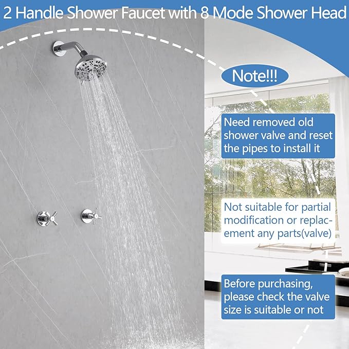 2 Handle Shower Faucet,Wall Mounted Two Handles Shower Faucet Set with 8 Modes Rainfall Shower Head,2 Knobs Single Function Shower Trim Kit with Rough-in Valve,Chrome