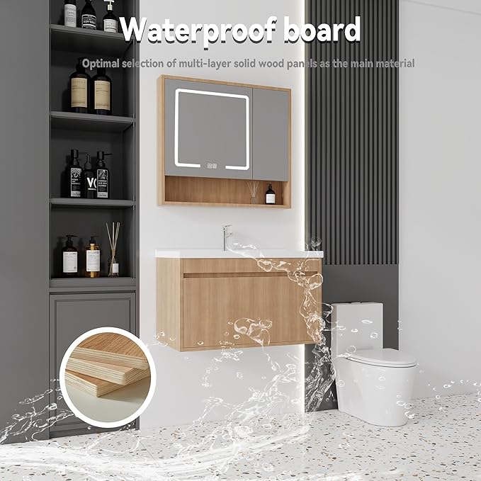 32'' Bathroom Vanity with Ceramic Sink Combo and Medicine Cabinet Mirror with Led Light/Defog, Wall Mounted Small Bathroom Vanity with Soft-Close Door Modern Floating Cabinet, Walnut(No Faucet)