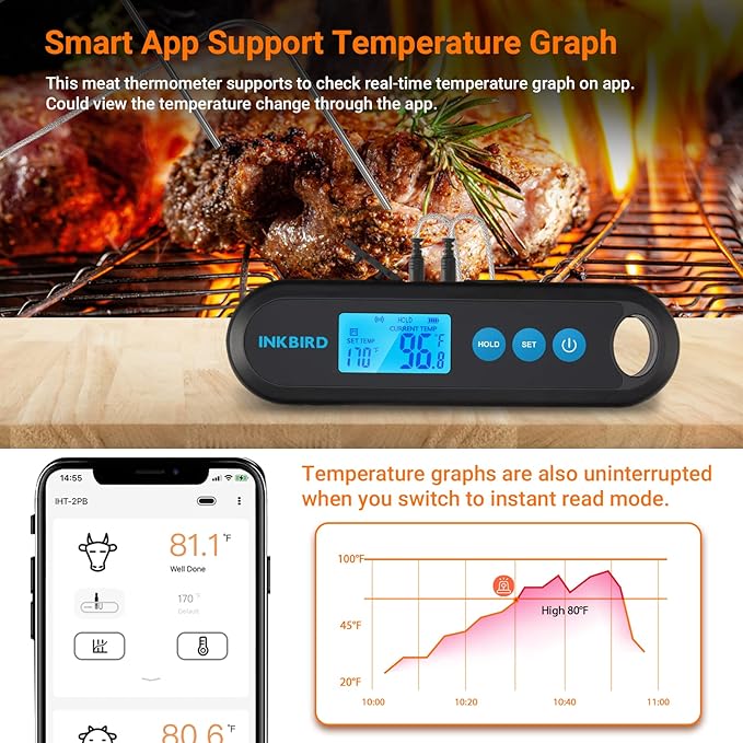 INKBIRD Instant Read Meat Thermometer Digital for Cooking with Dual Probes, 328FT Waterproof Bluetooth BBQ Meat Thermometer, Rechargeable Grill Thermometer with Temperature Alarms, Graph, Calibration