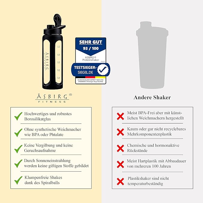 Fitness | Protein Shaker Made of Glass | Protein Shaker | Drinking Bottle | with Spiral Ball | Beige