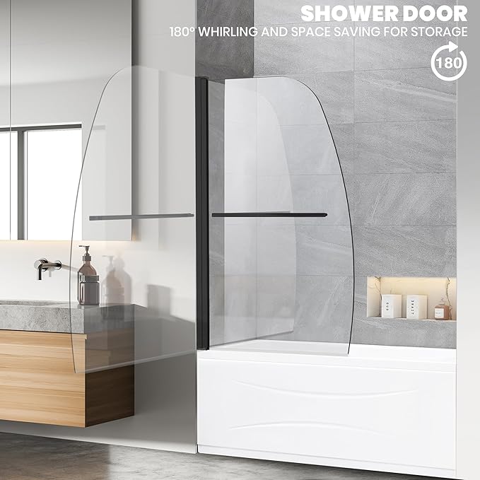 Frameless Hinged Bathtub Shower Door - 34"x58", Clear Tempered Glass 8mm Thick, Matte Black with Stainless Steel