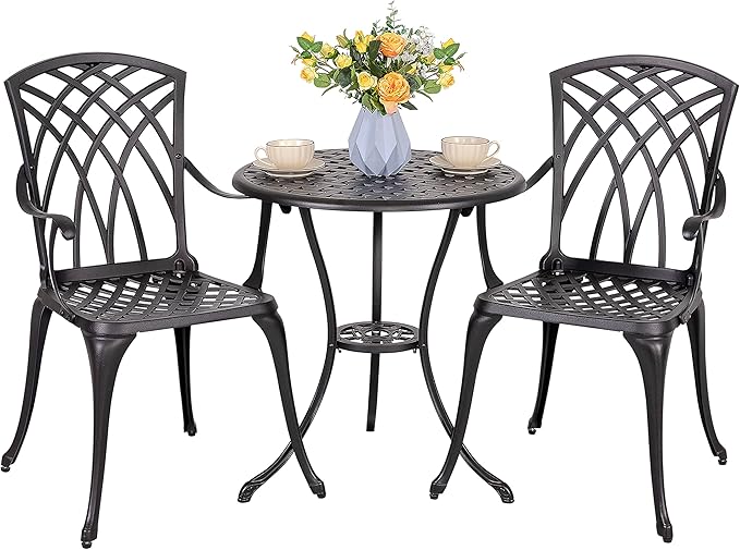 NUU GARDEN 3-Piece Patio Bistro Set, Cast Aluminum Table and 2 Chairs with Umbrella Hole, Outdoor Bistro Set for Patio or Backyard, Black