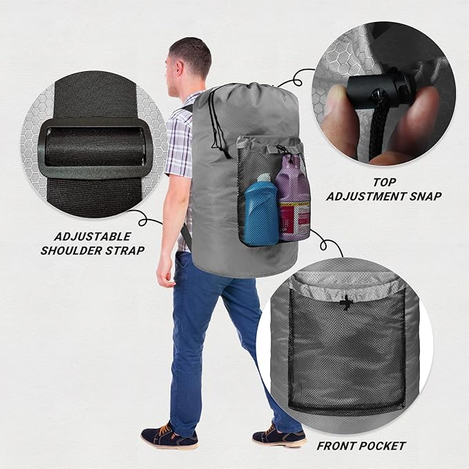 Laundry Bag with Shoulder Straps and Mesh Pocket Laundry Backpack Large Portable Laundry Hamper for College Laundromat Apartment (Gray)