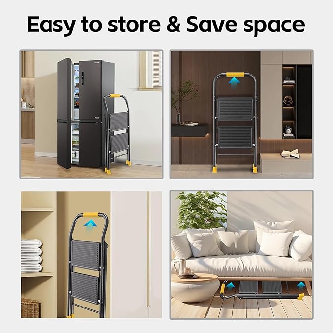 Step Ladder Foldable Folding Stool - for Home Adults Kitchen 2 Stepping Extension Tall Heavy Duty with Handrails - Closet Stepstool Stair Ladders Extendable Stepladder for Indoor House 600Lbs