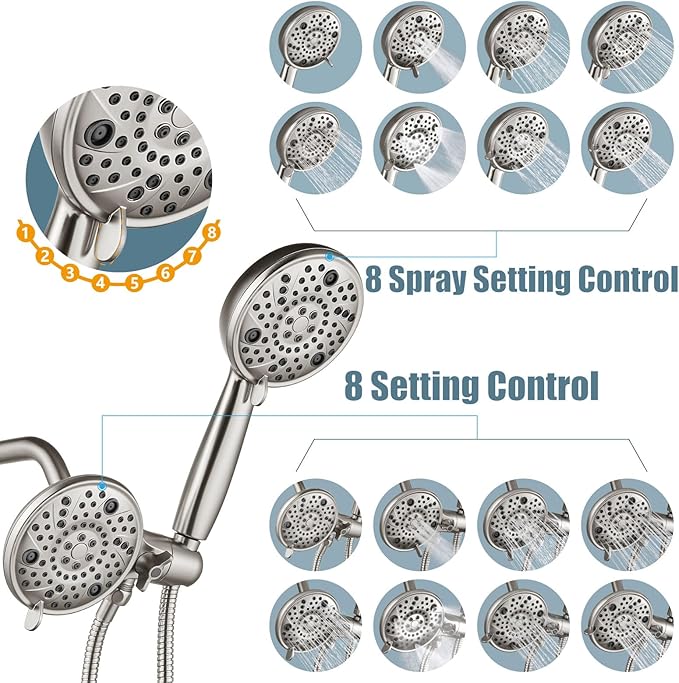 Aolemi Shower Faucet Set Rain Shower Head System Shower Trim Kit Pressure Rough-in Valve Included ABS 8 Setting Dual Shower Head and Handheld Spray Brushed Nickel