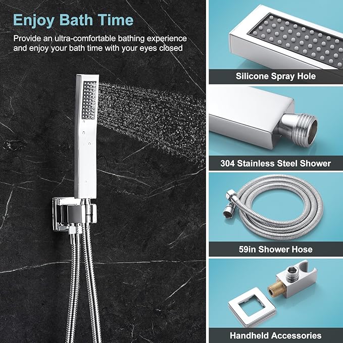 Chrome Shower System 8 Inch, Rain Shower Head with Handheld Spray, Luxury Rain Shower Set Square Wall Mount for Bathroom with Rain Shower and Handheld Shower System