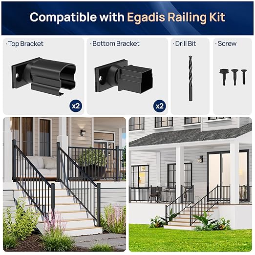 4 Pack Aluminum Adjustable Railing Bracket Connector with Drill Bit, Deck Railing Bracket, Black Textured Powder-Coat Finish Rail System for Outdoor Decks, Porches & Balconies