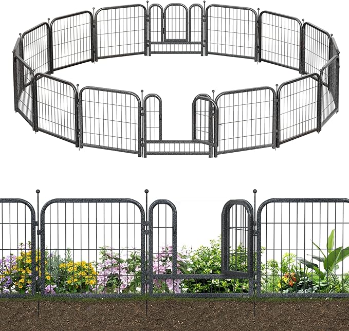 Metal Garden Fence with 14 Panels 2 Gates Outdoor Dog Fence 36ft (L)×24in (H) Decorative Pet & Animal Barrier, Garden and Yard Fencing，Black-Silver