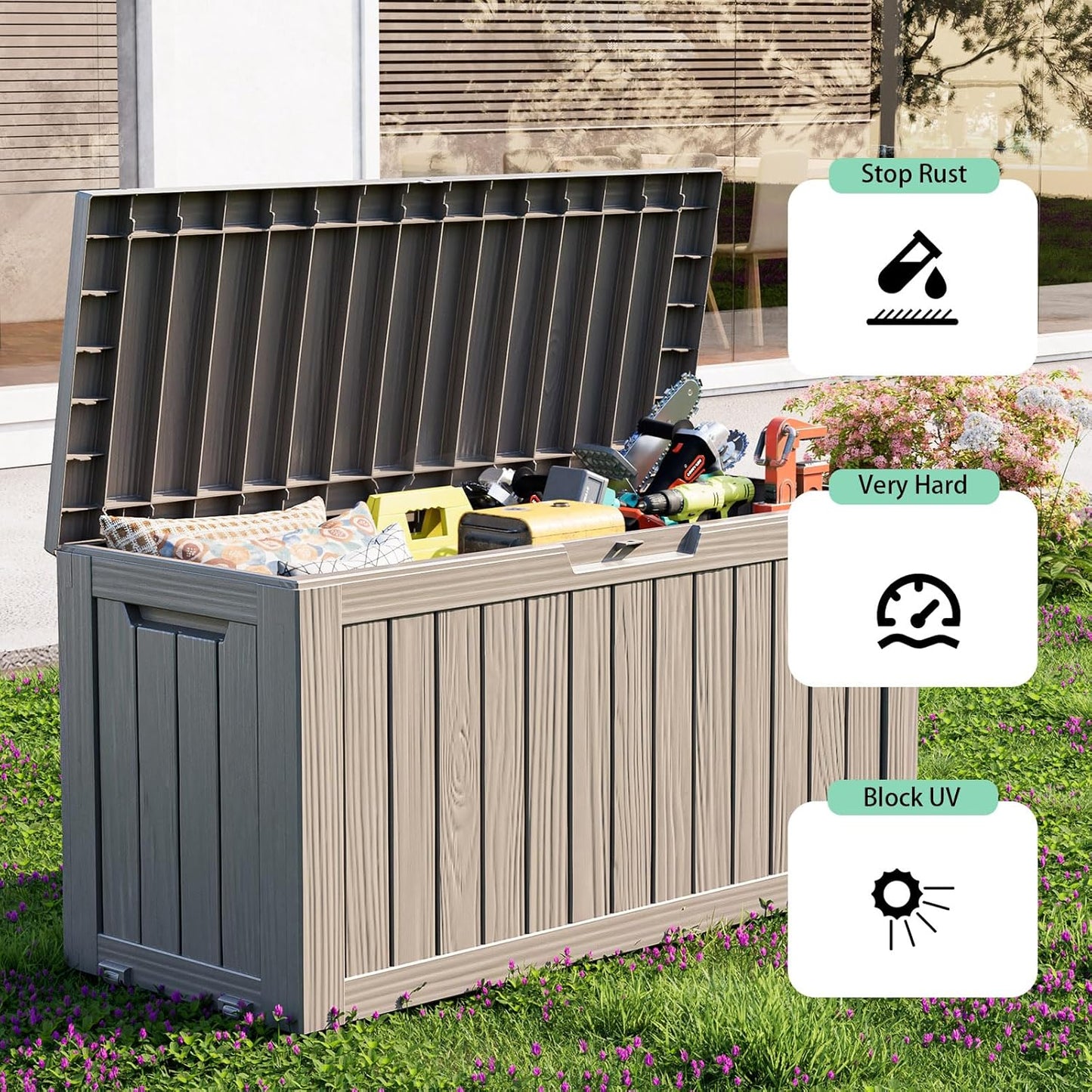 Vixzen 75 Gallon Resin Deck Box with wheels,Lockable Outdoor Storage Box for Patio Cushions Storage Furniture,Garden Tools,Weatherproof and UV Resistant- Grey