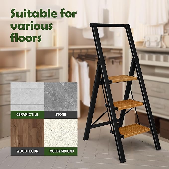 Taranta 3 Step Ladder, Portable Folding Ladder with Wide Pedal, Lightweight Aluminum Step Stool with Convenient Handgrip, 330 lbs Capacity Stepladder for Home, Office - BlackWoodgrain