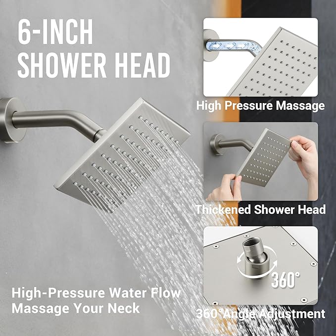Thermostatic Dual Shower Heads System with Ceiling 12-Inch Rainfall Shower & Wall Mount 6-Inch High Pressure Shower Head, Brushed Nickel Bathroom Shower Faucet Set with Handheld Sprayer