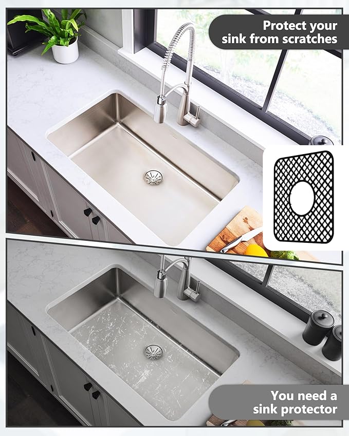 2 Pack Silicone Sink Protector for Kitchen Sink, Lozenge Pattern 12 x 11" Sink Grid Mat Silicone Protectors, Center Drain, Black
