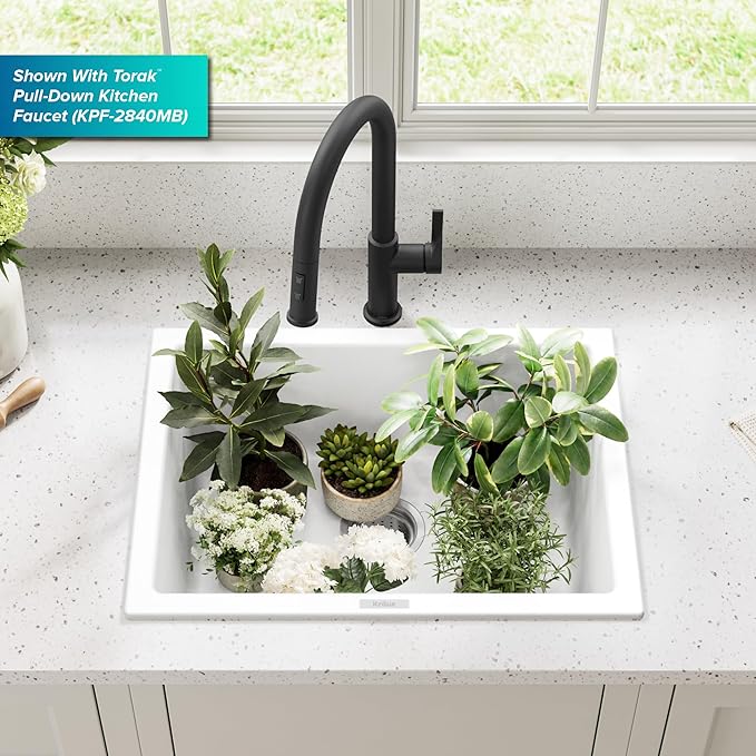 KRAUS Quarza 24-inch Granite Drop-In/Undermount Single Bowl White Kitchen Sink, KGD-410BWHITE