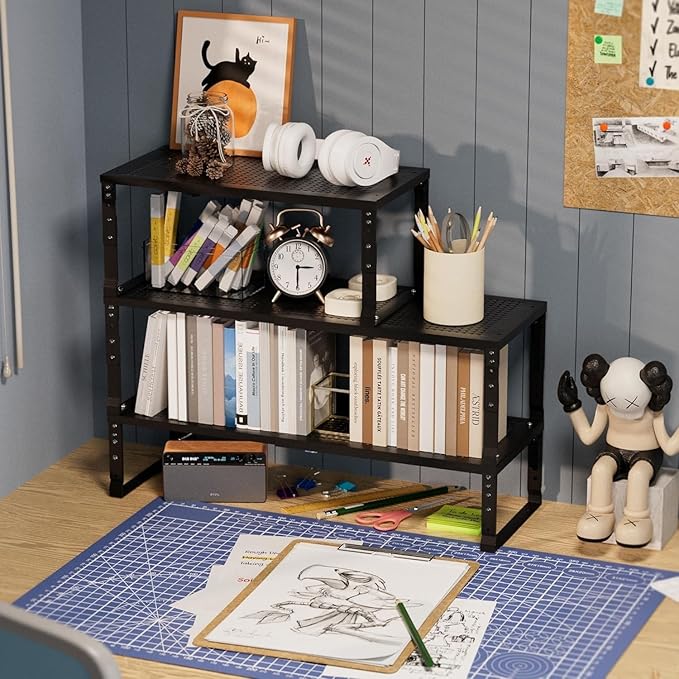 Expandable Spice Rack Kitchen Cabinet Shelf Organizer, Stackable Storage Shelves Racks, Adjustable Counter Shelving for Cabinets, Countertop, Cupboard,Pantry and More(2Packs/Black/Medium)