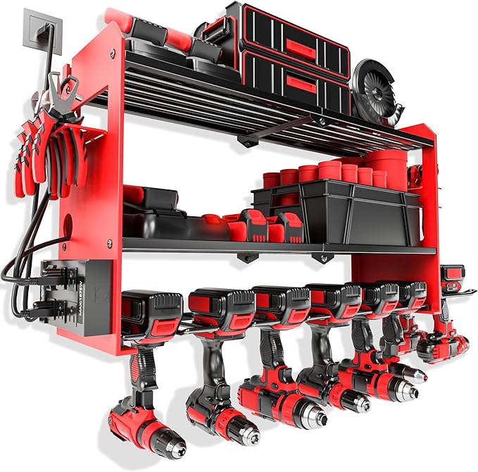 Power Tool Organizer Wall Mount with Charging Station, Cordless Drill and Battery Holder Shelf for Garage Organization,Heavy Duty Metal Tool Rack Storage, Load 300lbs, Built in 5 Outlet Power Strip