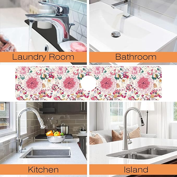 Kitchen Faucet Mat Artistic Floral Kitchen Sink Splash Guard Faucet Mat,1 PC Splash Guard Behind Faucet Drip Catcher for Kitchen,Sink Mat,Dish Drying Mat,Bathroom Faucet Mat 23.5""X5.5""