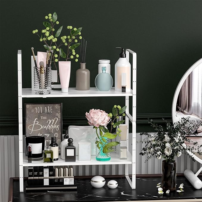 iPEGTOP Expandable Cabinet Storage Shelf Organizer Rack, Heavy Duty Steel Metal Spice Rack Adjustable Height Pantry Garage Shelf Space Riser for Counter Kitchen Organization, White, 1 Pack