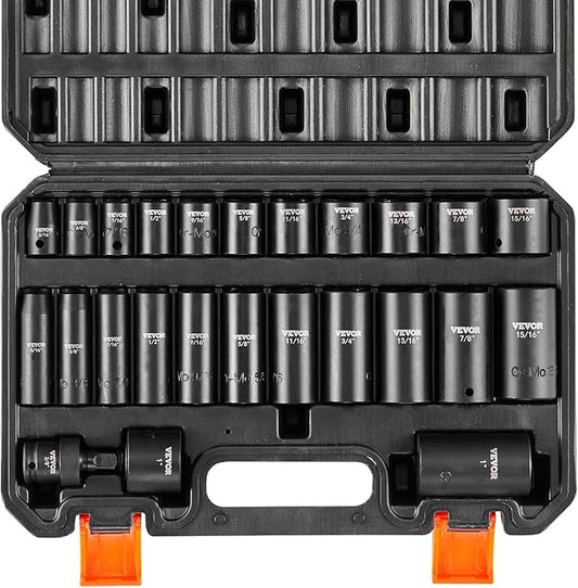 VEVOR 3/8" Drive Impact Socket Set, 25 Piece Deep & Shallow Socket Set SAE 5/16" - 1", 6 Point Cr-Mo Alloy Steel for Auto Repair, Easy-to-Read Size Markings, Rugged Construction, Includes Storage Case