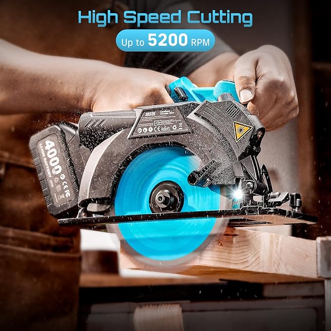 Seesii 6-1/2" Cordless Circular Saw with Battery and Charger,5200 RPM Electric Power Saw with Laser and Rip Guide for Precise Wood Cutting,Max Cut Depth 2-1/4"(90°),1-7/16" (45°) for Home Renovation