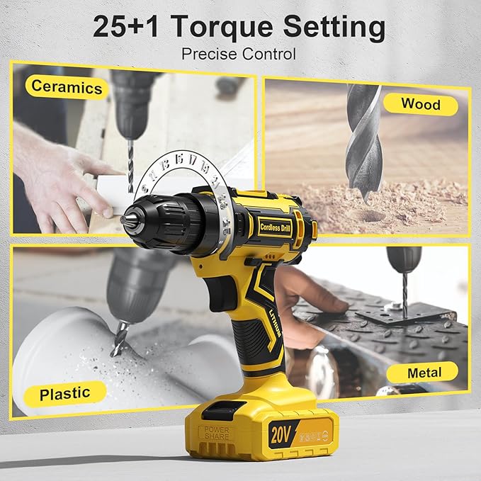 Cordless Drill Set, 20V Power Drill with Power Pack 2.0Ah and Charger, 3/8-Inch Keyless Chuck Electricdrill, 25+1 Torque, 42pcs Drilldriver Bits/Screws for DIY Projects (Yellow)