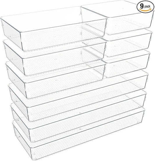 Clear Plastic Drawer Organizer Set for Kitchen, Bathroom, Office, Cosmetics & Tools - Multifunctional Storage Trays with Adjustable Dividers, Space-Saving Transparent Design (Clear, 9 Pcs)