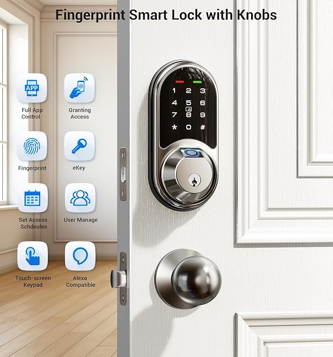 Veise RZ07C Smart Locks for Front Door, 2 Knob Handle Set, Fingerprint Keyless Entry, App Control Biometric Lock, Electronic Digital Touchscreen Keypad Deadbolt, Easy Install, Auto Lock, Satin Nickel