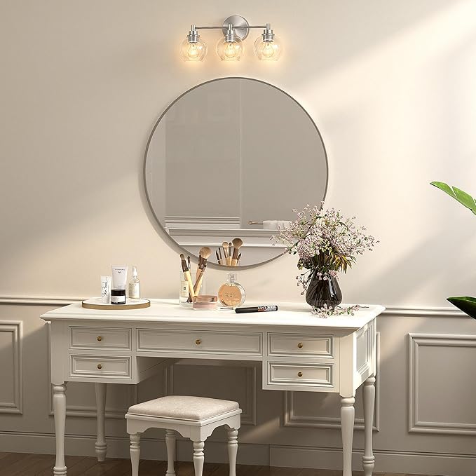 VONLUCE Bathroom Light Fixtures, 3-Light Vanity Light with Globe Glass Shades E26 Sockets, Bathroom Lights Over Mirror for Bedroom Hallway Living Room, Brushed Nickel Finish, ETL Certificated