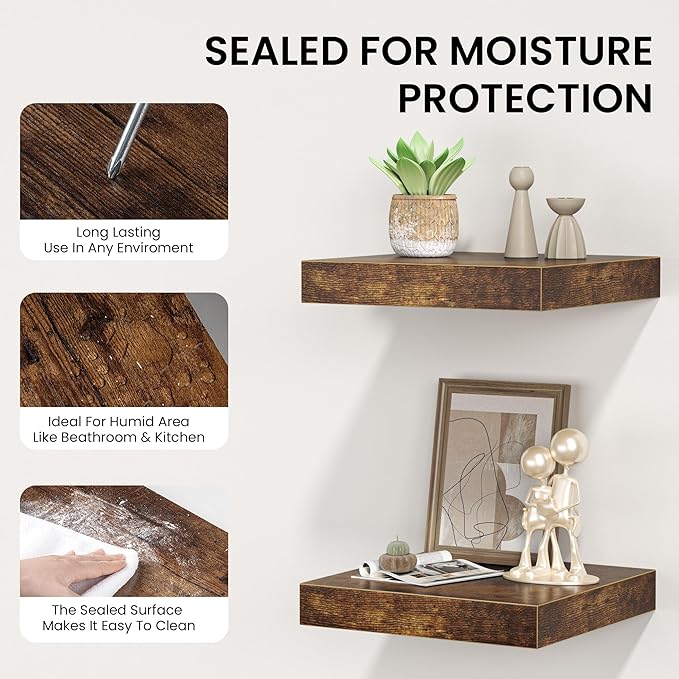 Square Floating Shelves for Wall, 8"W x 8"D x 1.2"H, Small Wooden Wall Mounted Display Shelves with Invisible Brackets for Living Room, Bedroom, Bathroom, Kitchen Decor, Set of 4, Rustic Brown