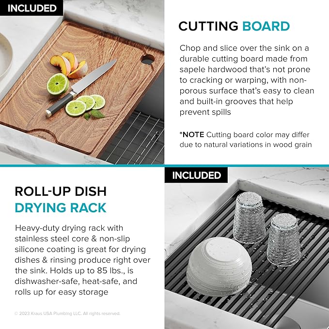 KRAUS Kore 36-Inch Undermount Workstation 16 Gauge Single Bowl Stainless Steel Kitchen Sink with Accessories, KWU110-36