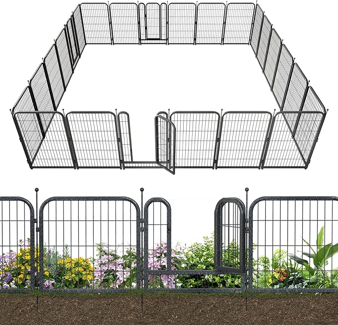 Metal Garden Fence with 21 Panels 3 Gates Outdoor Dog Fence 54ft (L)×45in (H) Decorative Pet & Animal Barrier, Garden and Yard Fencing，Black-Silver