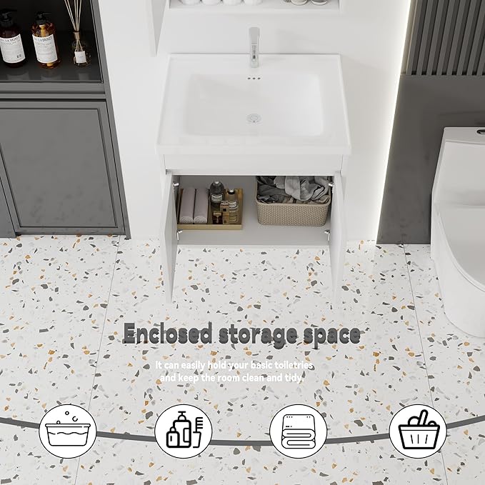 24'' Bathroom Vanity with Ceramic Sink Combo, Wall Mounted Small Bathroom Vanity with Soft-Close Door Modern Floating Cabinet, Pop-up Drain, P-Trap Included, White(No Faucet)