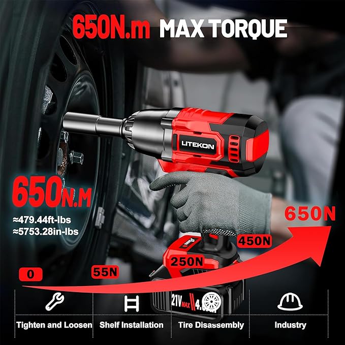 Cordless Impact Wrench 1/2 Inch, 480Ft-lbs (650N.m) Brushless High Power Impact Wrench Tool with 2x4000mAh Battery, 2500RPM High Torque Impact Gun, 7 Sockets for Home Car/Truck RV/Mower -2025 Upgraded