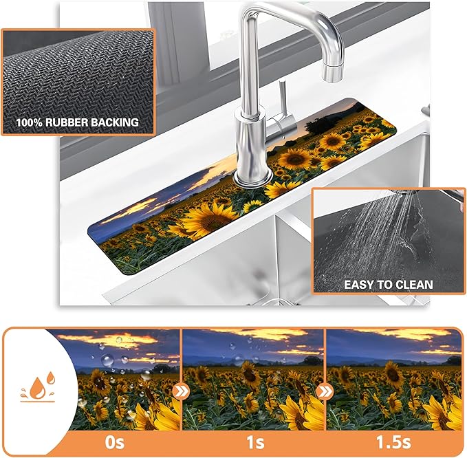 Kitchen Sink Splash Guard Faucet Mat Sunflowers Blooming at Sunset Sink Splash Guard Behind Faucet,1 PC Soft Diatom Mud Non-Slip Mat-for Kitchen,Dish Drying Mat,Bathroom Faucet Mat 23.5"X5.5"