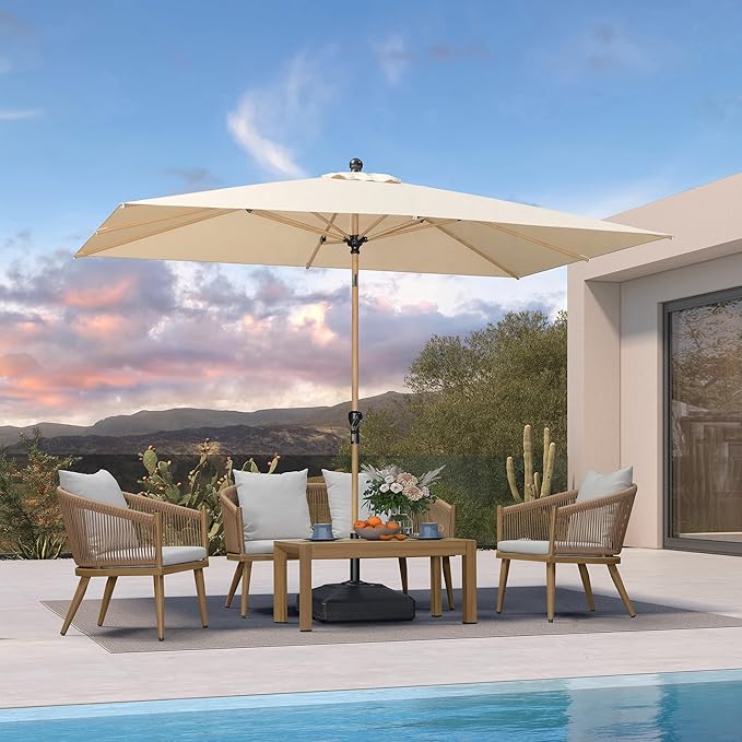 PURPLE LEAF 6.5' x 10' Patio Umbrella Outdoor Table Umbrella Aluminum Market Umbrella with Push Button Tilt & 8 Sturdy Ribs and Crank Rectangular Sun Umbrella for Pool Backyard Beach, Beige