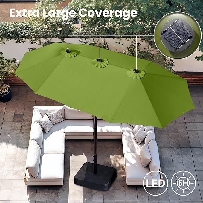 PHI VILLA 15 ft Umbrella Outdoor Patio Solar Lights with Base, Outdoor Double-Sided Large Market Rectangle Umbrellas with 36 LED Lights, Lime Green