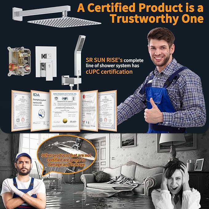 SR SUN RISE SRSH-D1203 12 Inches Bathroom Luxury Rain Mixer Shower Combo Set Wall Mounted Rainfall Shower Head System Polished Chrome Shower Faucet Rough-in Valve Body and Trim Included