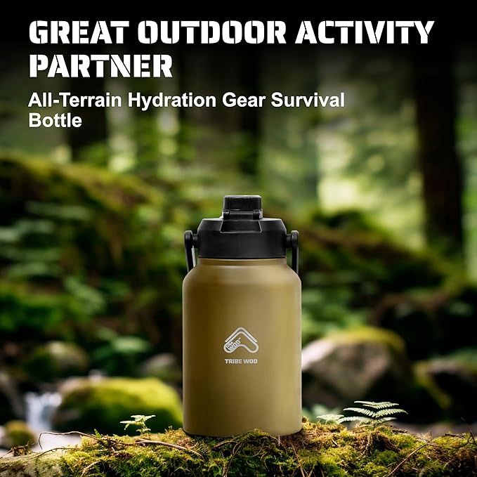 TRIBE WOD Tactical Water Bottle - 64 oz - Outdoor Military Water Bottles Stainless Steel - Double-Wall Jug with Rugged Strap and Removable Sleeve for Keys, Wallet, Phone (Military Olive)