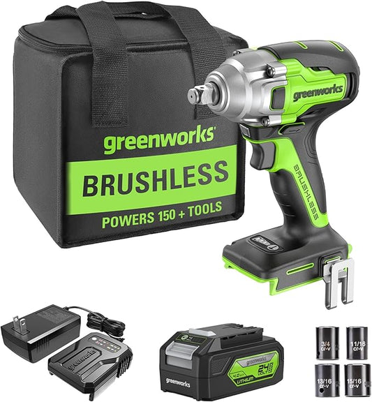 Greenworks 24V Brushless 1/2" Cordless Impact Wrench (3 Speed / 300 ft.-lbs. / LED Light), 4.0Ah Battery and Compact Charger Included