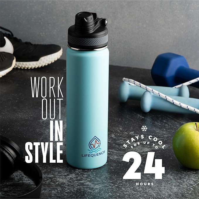 Insulated Water Bottle with Straw and Handle 22 oz-Stainless Steel Water Bottles with Straw, Dual Cap Function & Sleeve, Keeps Drinks Hot Up to 12 Hours & Cold Up to 24 Hours (Light Mint)