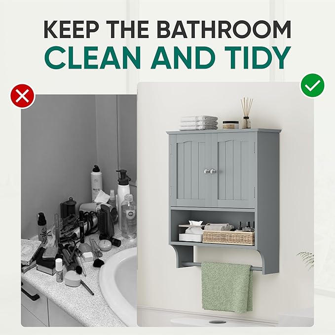 Smuxee Grey Bathroom Cabinet Wall Mounted with Towels Bar, Bathroom Medicine Cabinet with 2 Door Adjustable Shelves, Over Toilet Cabinet for Bathroom Laundry Room Kitchen