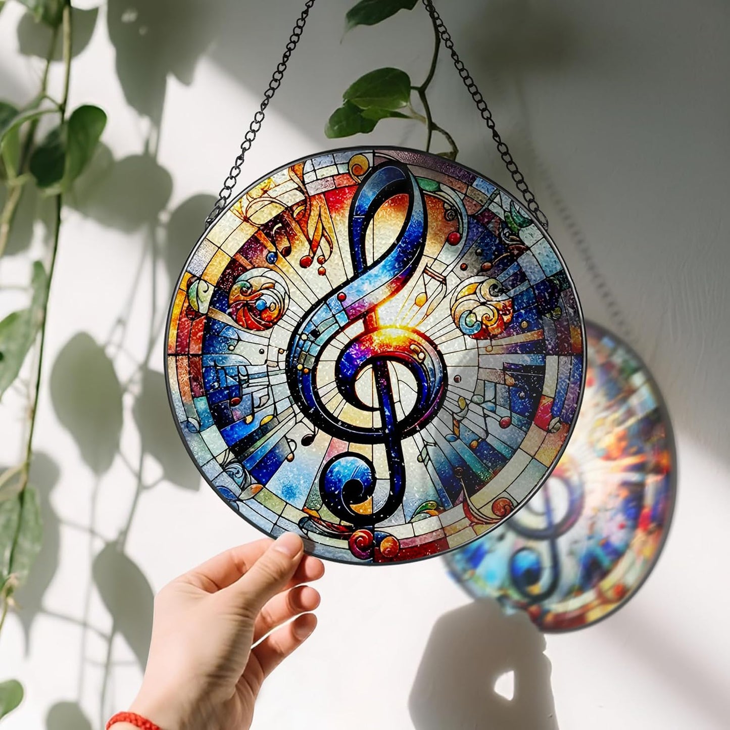 Stained Glass Window Hanging, LAOWEIKI 8'' Musical Note Suncatcher, Stained Glass Ornament, Suncatchers for Windows Hanging, Window Decor, Outdoor or Indoor, Gifts for Friends, Music Lover