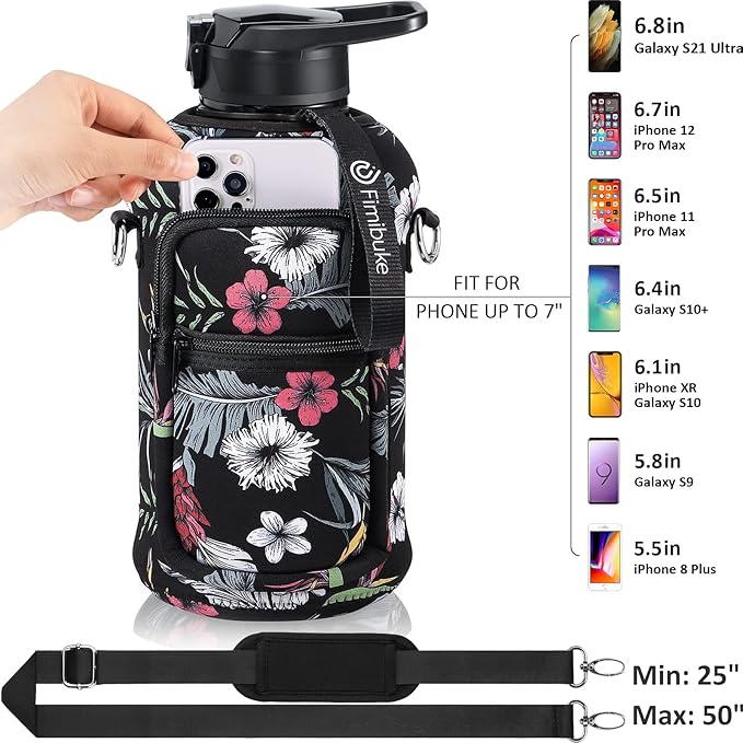 Fimibuke Half Gallon Water Bottle with Sleeve 64 OZ Water Bottle with Handle & Straw Leakproof Motivational Sports Gym Water Bottle with Time Marker BPA Free Water Jug with Reusable Neoprene Holder