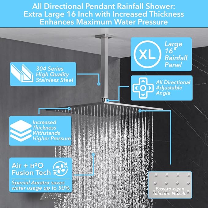 VANFOXLE Shower Faucet Set Brushed Nickel Shower System,Shower Faucet with 2 in 1 Handheld,Ceiling Mount 16 Inch Shower Head+6 Inch Shower Head(Rough-in Valve Body and Trim)