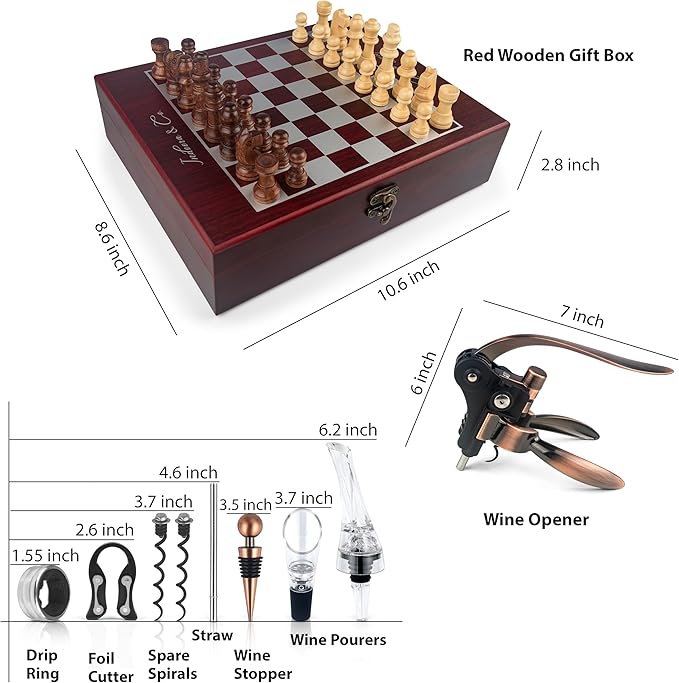 Wine Gifts for Men Luxury (Stainless Steel)+ Chess Game (10 in1)| Birthday Gift for Men | Wine Opener and Aerator Set | Professional Wine Opener | Wine Accessory Set | Wine Corkscrew (Wine Red)
