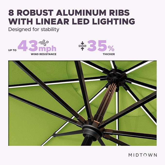 Midtown Umbrellas The LED Swilt 10 Feet Patio Umbrella With Sunbrella Macaw Acrylic Fabric - Auto-Tilt Aluminum Frame With LED Lights For Backyard, Deck, Garden, Pool - Black Pole