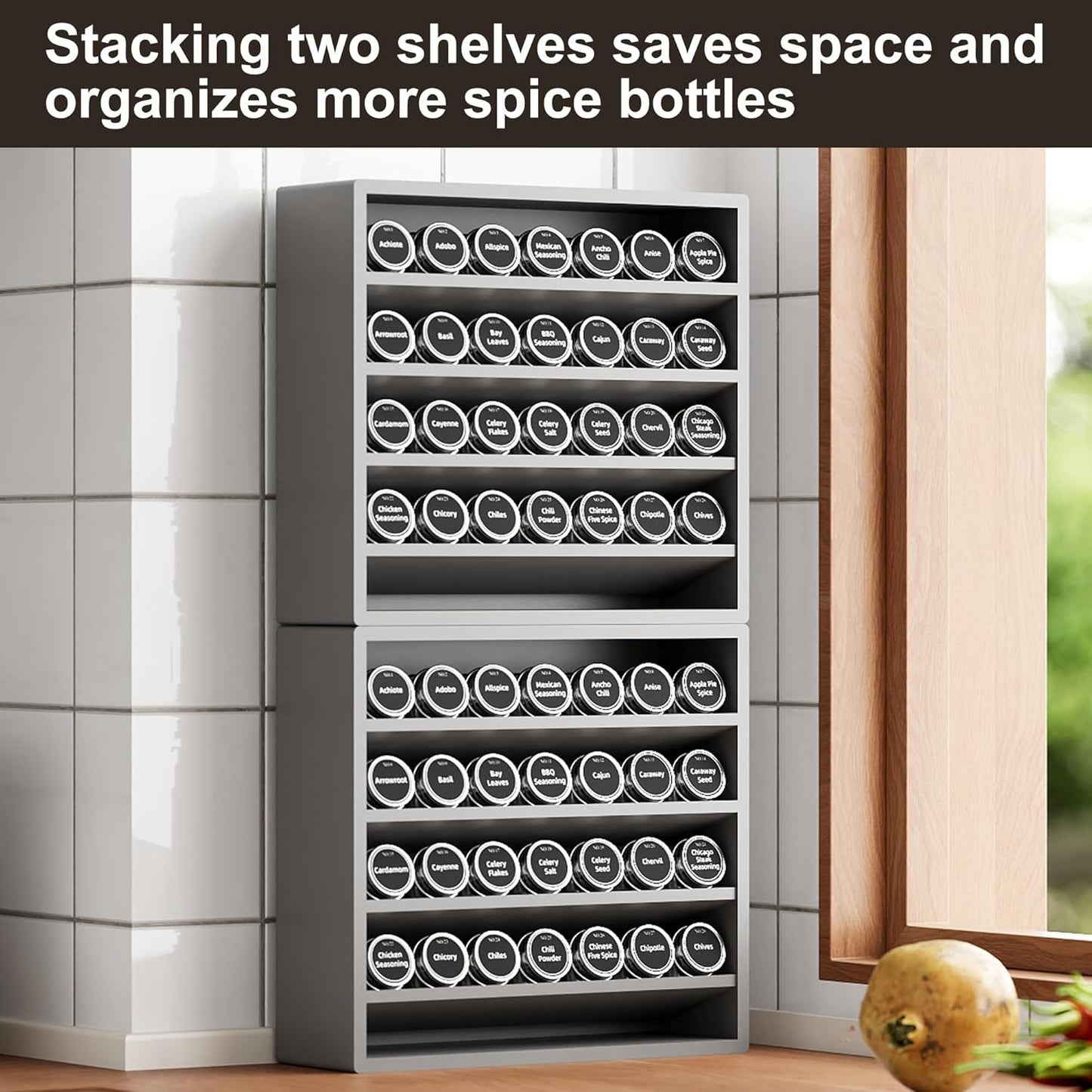 Orimade 4 Tier Spice Rack Organizer for Cabinet, Freestanding Bamboo Seasoning Rack for Countertop, Cupboard, Pantry, Kitchen, 13.18 x 4.13 x 12.2 inches(Spice Jars Not Included), Grey