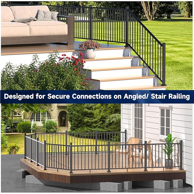 2 Pack Aluminum Adjustable Railing Bracket, Deck Railing Bracket Connector, Black Textured Powder-Coat Finish Rail System for Outdoor Decks, Porches & Balconies