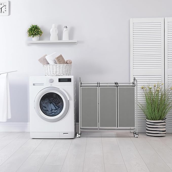 Simple Houseware Heavy-Duty 3-Bag Laundry Sorter Cart, Silver