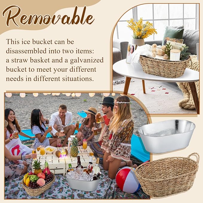 Domensi 2 Pcs Small 3 Gallons Ice Bucket with Wicker Outer Basket Handle Beverage Tub Grass Rope Woven Farmhouse Galvanized Bucket for Party Seaside Bar Buffet Wine Beer Bottle, 15.5 x 9.2 x 6.1 in